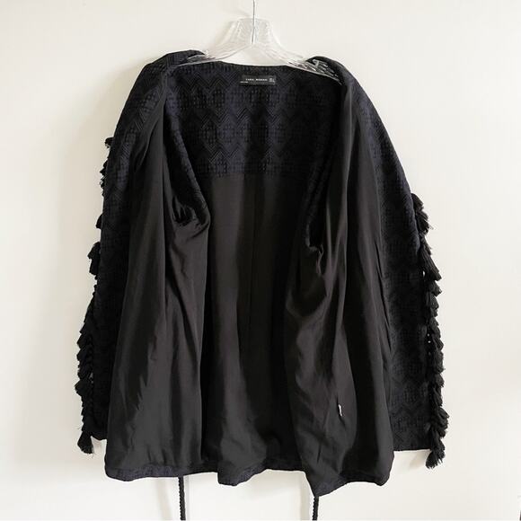 Zara Navy Jacquard Fringe Tassel Kimono Jacket - Picture 9 of 10